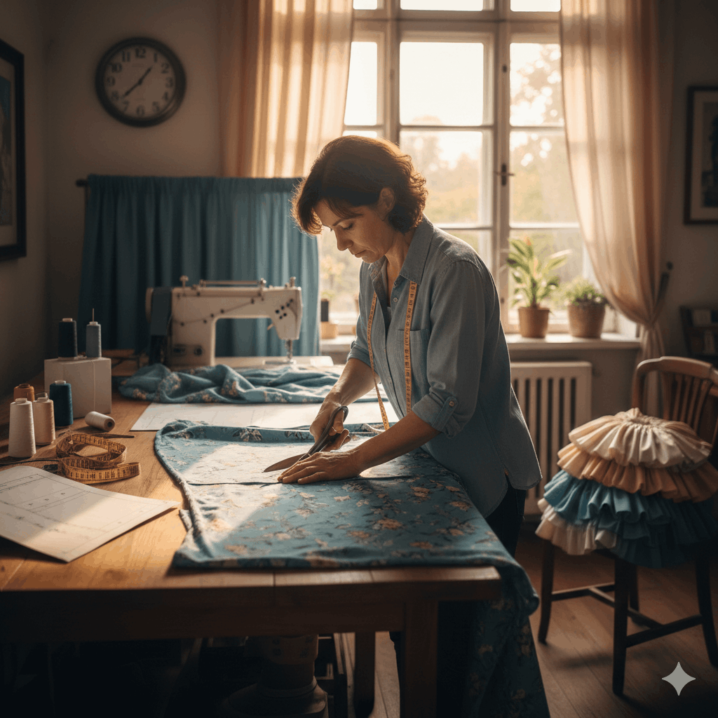 Frau näht Vorhänge selber Das Zuhause mit selbst-genähten Vorhängen verschönern