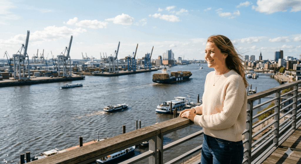 glückliche Frau blickt in Hamburg aufs Wasser pauline-hamburg.de Sidebar 1